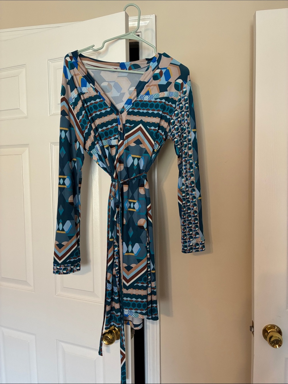 Long-Sleeve Geometric Wrap Dress in Teal and Cream